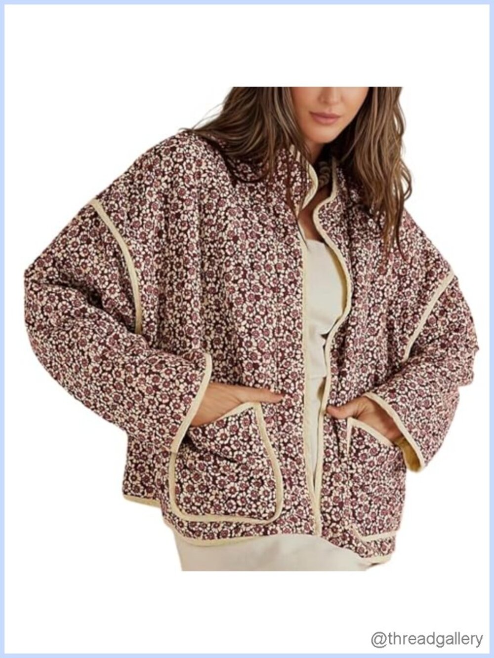 Women Cropped Quilted Jacket Floral Printed Lightweight Puffer Coat